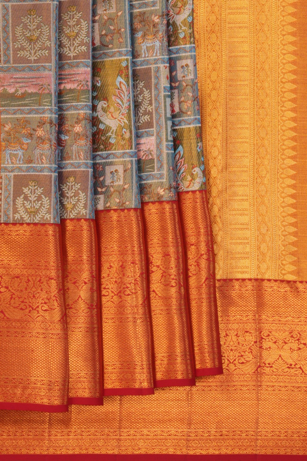 Image of A Blue Gold Tissue Brocade Kanchipattu Saree